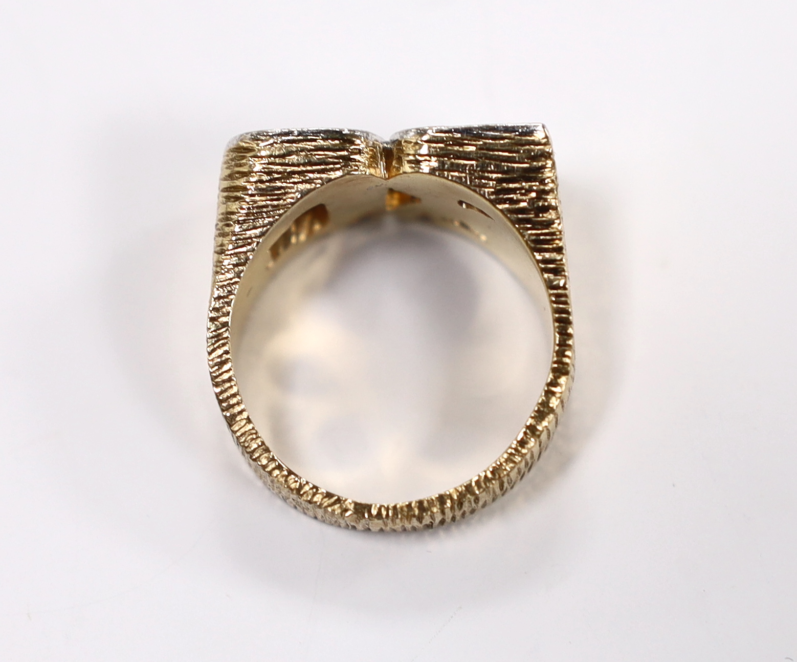 A textured 9ct and diamond cluster set 'BC' initials ring, size Q, gross weight 14.3 grams.